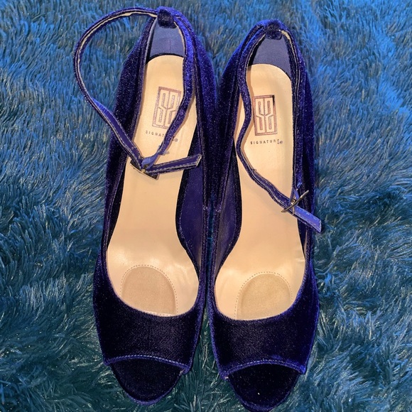 Shoes - Royal Blue Velvet Open-toe, Stacked Pumps - Never been worn
